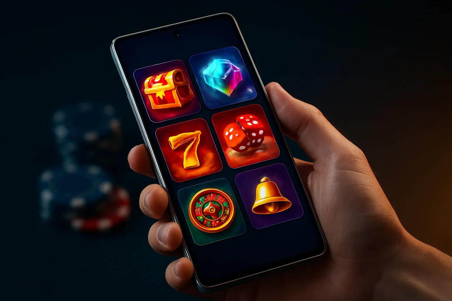 Flagship Android smartphone displaying vivid casino app interface in dramatic lighting