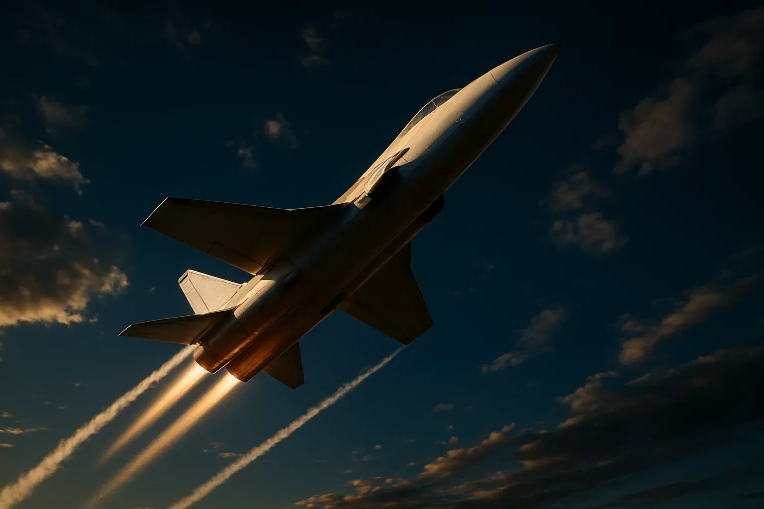 Sleek white jet aircraft climbing steeply through dramatic blue sky