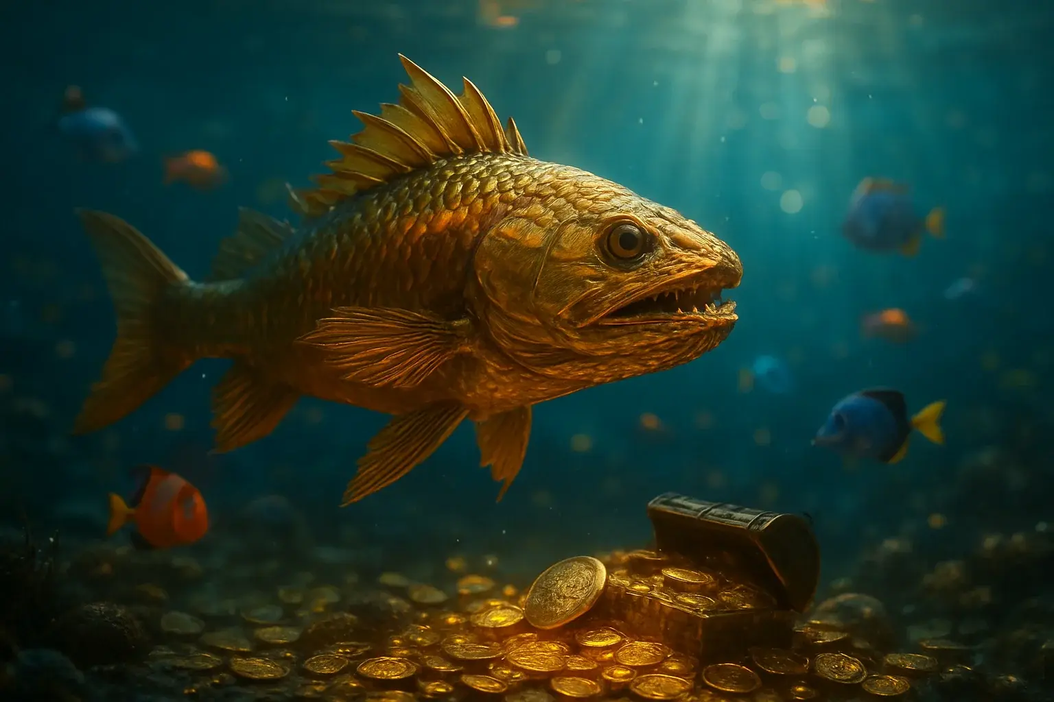 Massive golden dragon fish underwater with glowing coins and treasure