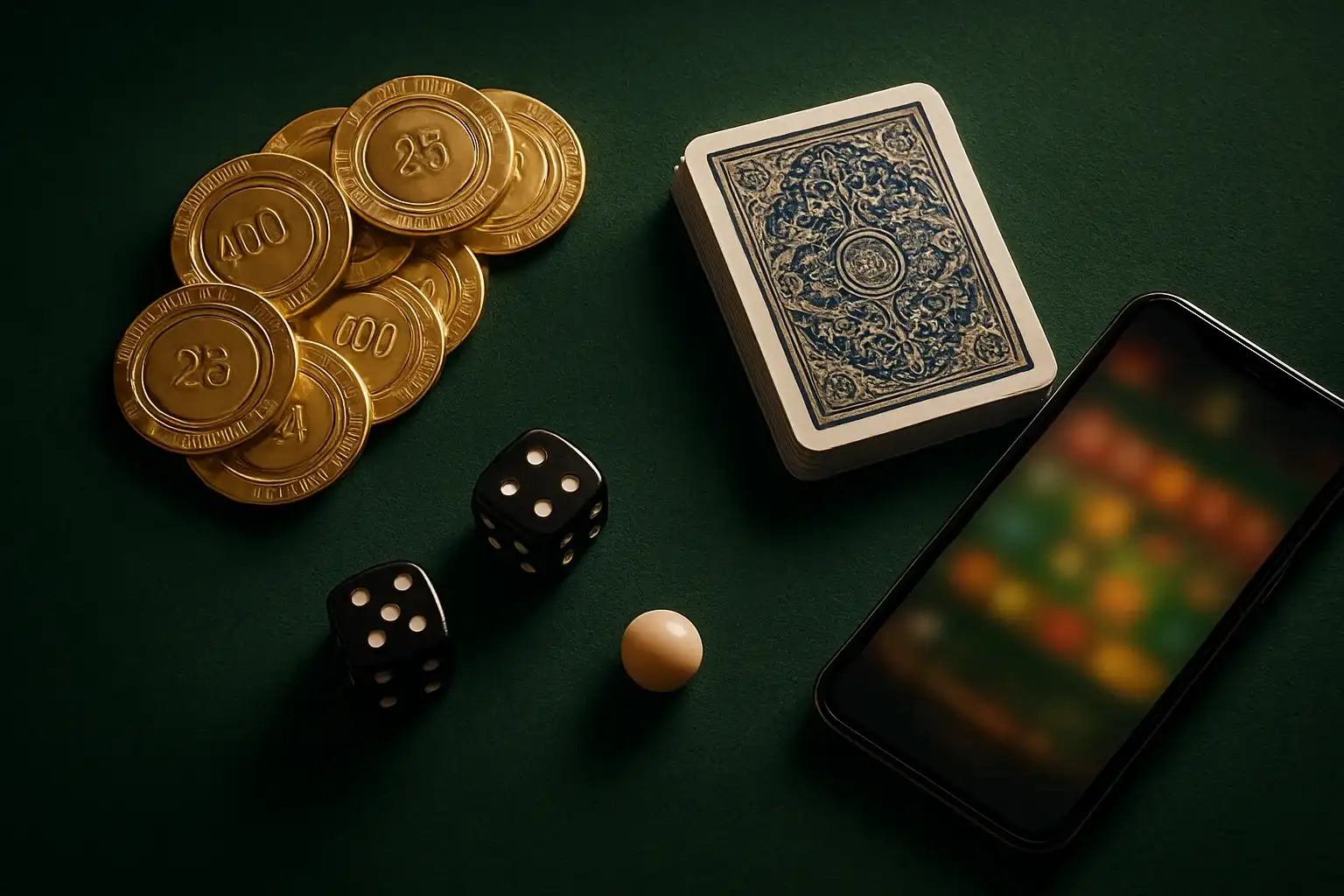 Top-down casino table with gold chips, cards, dice, roulette ball, smartphone