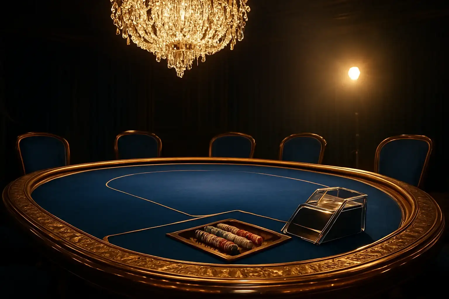 Hyperrealistic live baccarat studio in the Philippines with blue felt table