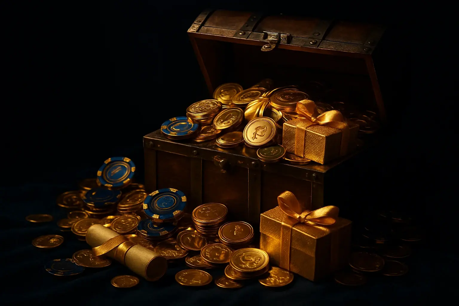 Overflowing treasure chest with gold coins, casino chips, vouchers, and gift boxes