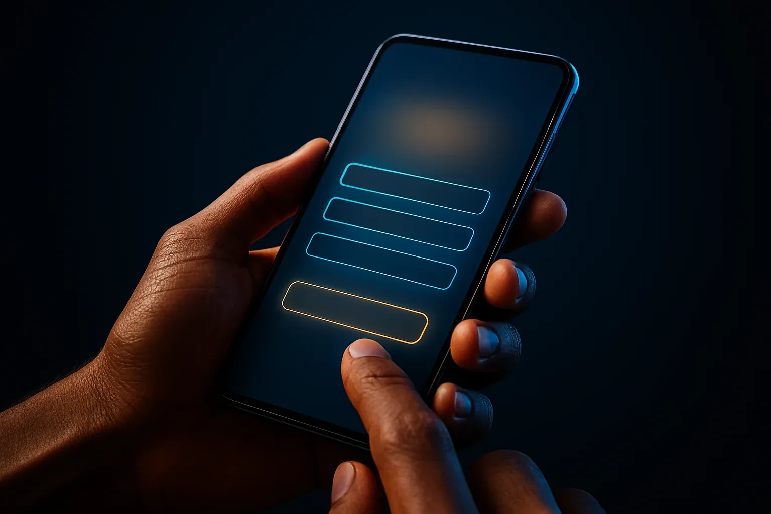 Filipino man's hands holding smartphone with glowing registration interface