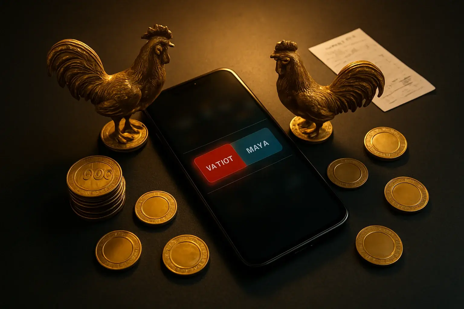 Smartphone with sabong betting interface, golden roosters, coins, and chips