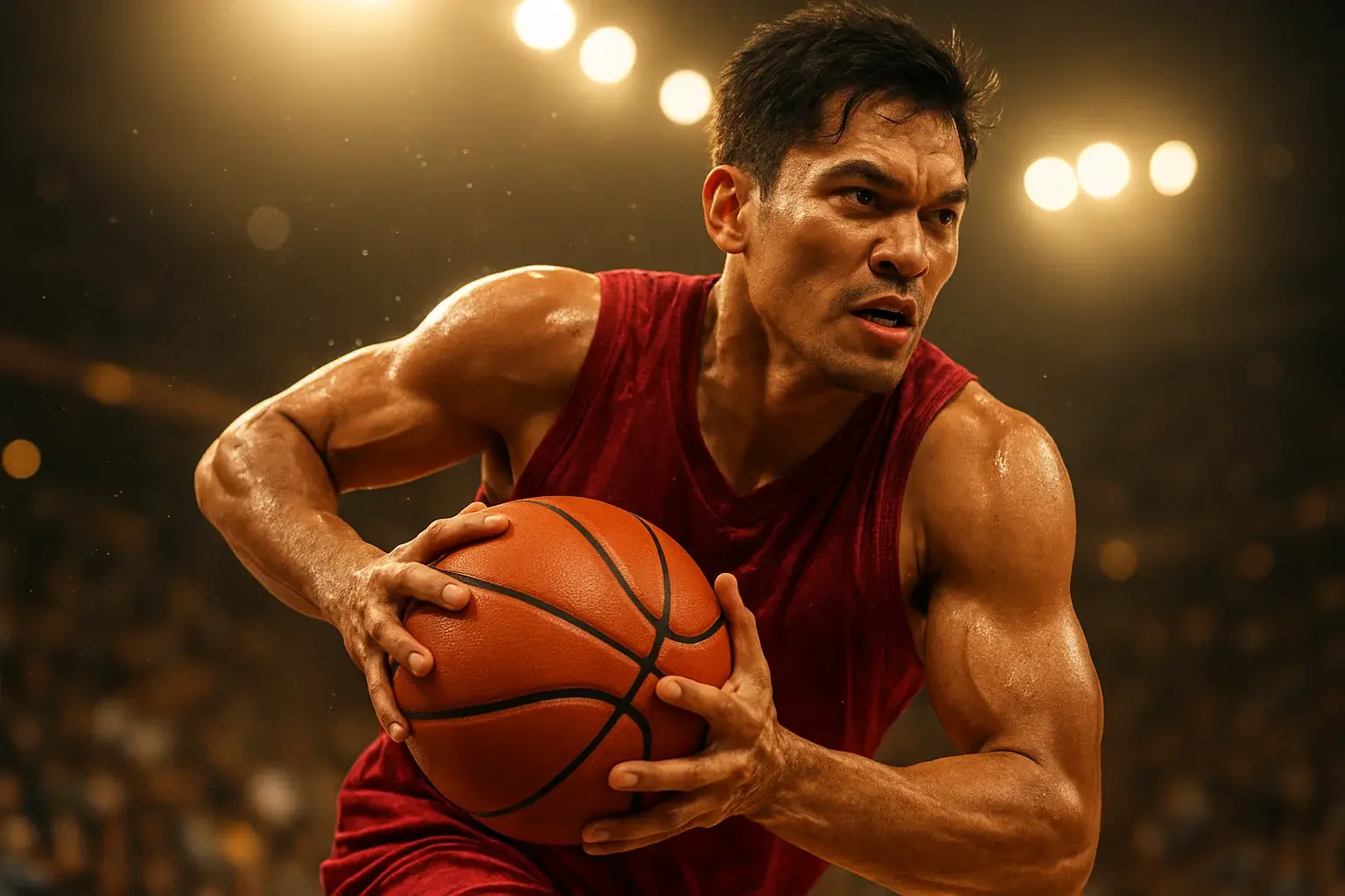 Filipino PBA basketball player mid-air driving powerfully toward the basket
